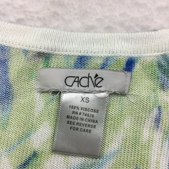 Cache Knit Top Sweater Sz XS Womans Green Blue Floral Knit Studded Short Sleeve - Picture 6 of 13